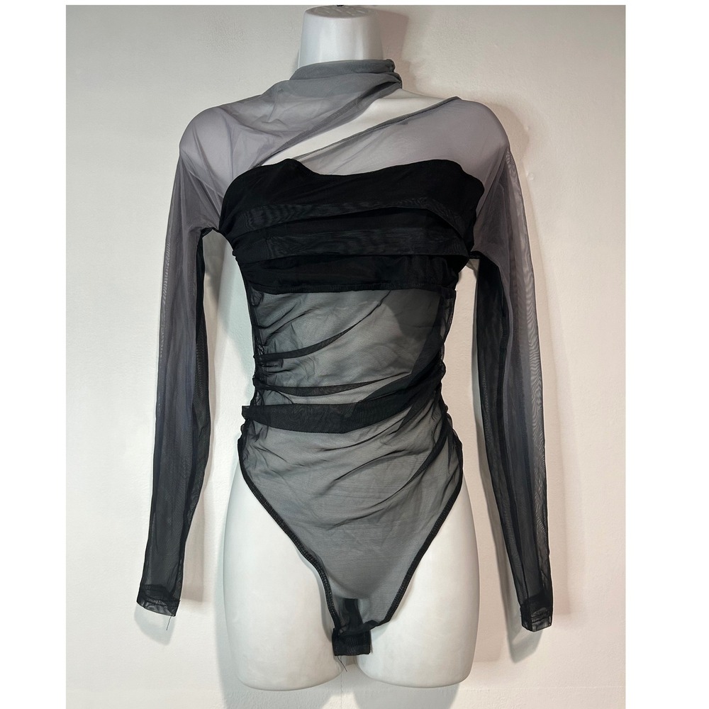 Mesh Bodysuit Women M Black Gray Cut Out Long Sleeve Sheer Edgy Streetwear Goth